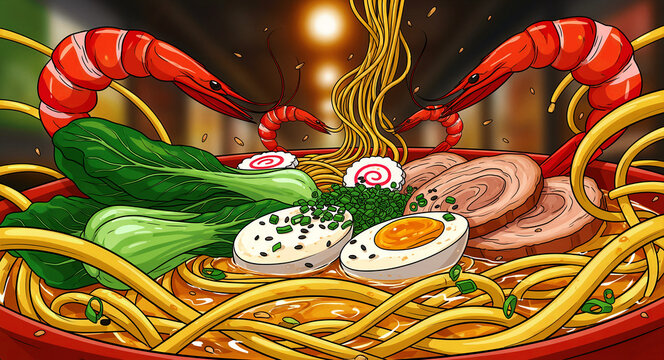 Vibrant anime-style illustration of a ramen bowl with noodles and shrimp. Detailed digital art featuring pork, eggs, and bok choy. Asian culinary concept for menus and food culture blogs.