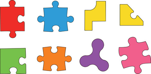 Naklejka premium Puzzle Piece Vector Set with Red, Blue, Yellow, Green, Orange, Purple, and Pink Interlocking Pieces in Flat Colorful Style for Game, Education, and Creative Designs