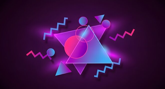 Colorful geometric retro shapes floating over purple background. Memphis style abstract design and creative concept art. Glowing neon triangles and circles layered with zigzag lines.