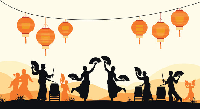 Silhouette illustration of traditional Chinese dancers and drummers performing under hanging lanterns against a warm sky.