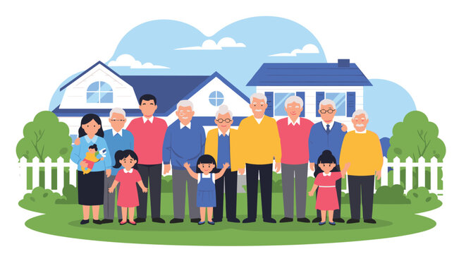 Portrait of a large diverse multi-generational family standing together in front of their suburban home with a garden.
