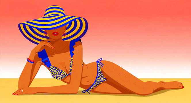 Woman in bikini and sun hat lounging on a beach. Vibrant illustration of a sunbathing female in a patterned swimsuit at sunset. Summer vacation concept for travel and luxury resort marketing.
