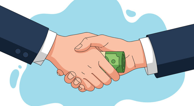 Close-up of a handshake between two businessmen where a roll of cash is being secretly passed as a bribe or payment.