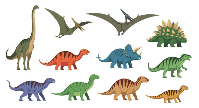 Diverse collection of colorful dinosaur species including pterodactyl and triceratops presented in a flat vector illustration style.