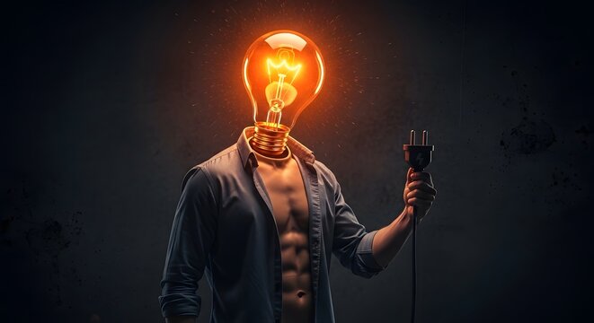 Athletic male body with a brightly glowing lightbulb instead of a head. Human intellectual power and brainstorming capacity. Man holding an electric power plug for connectivity.