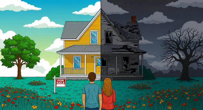 Man and woman looking at a house split between a new home and a ruin. Contrasting sunny day and dark night landscape with a for sale sign. Ideal for real estate investment and renovation marketing.