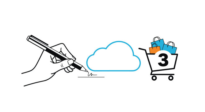 Person uses a pen to sign a document near a cloud icon and a shopping cart with bags representing online service agreements.