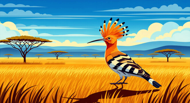 Eurasian hoopoe bird standing in a vibrant African savanna landscape. Distinctive crested bird among acacia trees and golden grass. Wildlife illustration ideal for nature posters and safari marketing.