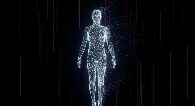 Digital human avatar and particle grid teleportation. Virtual reality identity and genetic data processing. Humanoid figure composed of white dots dissolving against red lines.