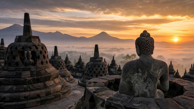Majestic Sunrise at Borobudur Temple with Buddha Statue and Misty Mountains