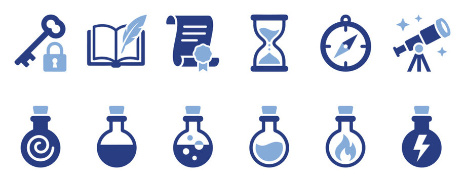 Set of magic, science, and exploration vector icons for gaming, apps, and educational uses.