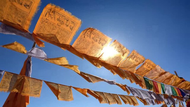 Kanwar Yatra devotional prayer flags fluttering under a bright clear blue sky