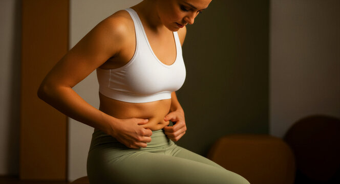 Woman in fitness wear pinching stomach fat while sitting. Female athlete checking her body composition and belly area. Body positivity and weight loss concept for health and nutrition marketing.