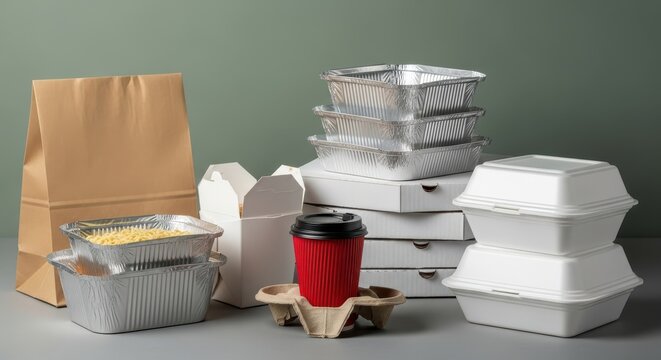 Various food delivery containers and packaging on a grey surface