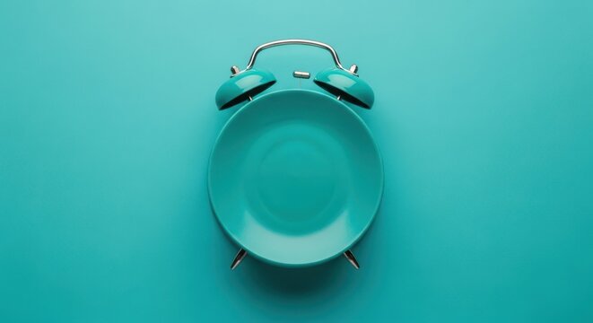 Creative concept of an empty alarm clock plate on a turquoise background