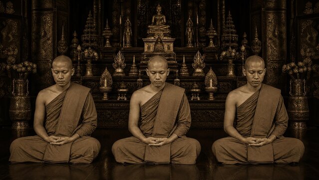Three Buddhist Monks Meditating in Sacred Temple Sanctuary