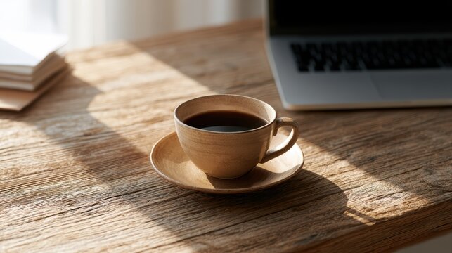 Cozy hybrid work desk with coffee cup, laptop, sunlight, and realistic clutter