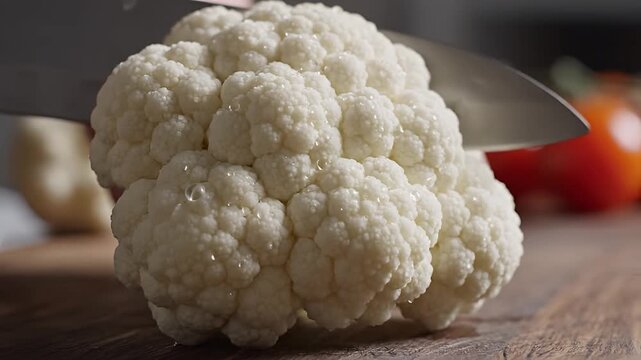 Closeup of a fresh cauliflower being sliced on a wooden cutting board.