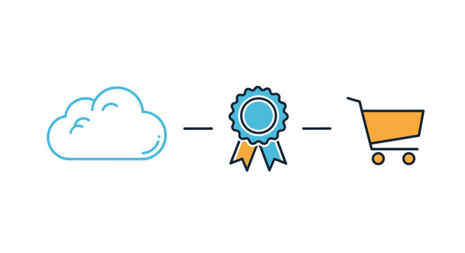 Cloud storage icon connected to a prize ribbon and a shopping cart represents high quality digital commerce services and awards.