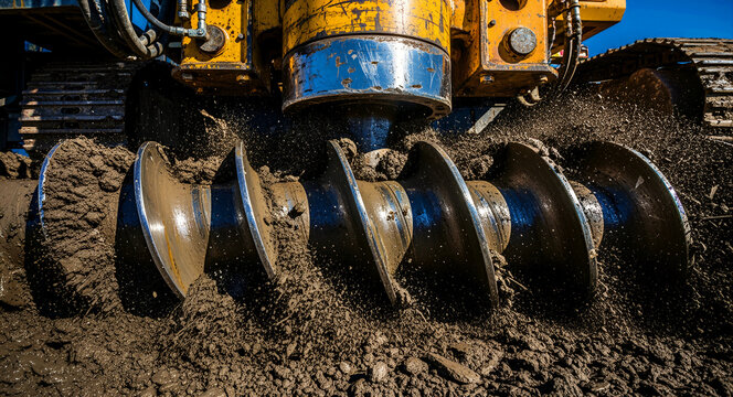 Heavy-duty rotary drilling rig auger boring into wet soil. Close-up of industrial machinery performing foundation work on a construction site. Civil engineering development concept.