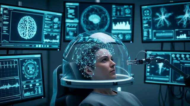 Woman in futuristic helmet surrounded by tech screens