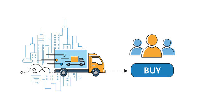 Fast delivery truck transports goods through a stylized city skyline toward a buy button for streamlined online shopping and logistics.