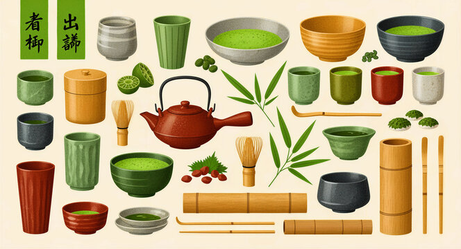 Traditional Japanese matcha tea ceremony elements and equipment set. Ceramic bowls, bamboo whisks, a clay teapot, and green tea powder items. Ideal for Japanese culture and wellness marketing.
