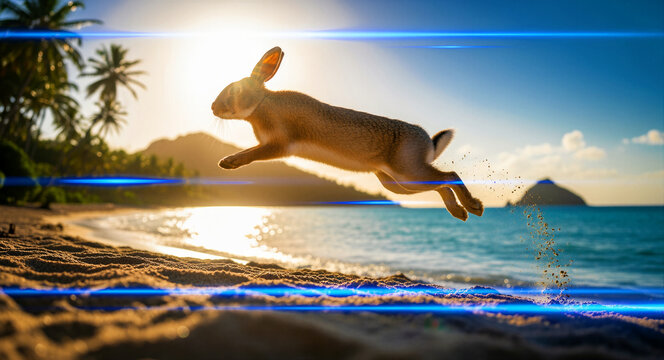 Rabbit jumping across a tropical beach during golden hour. Hare leaping in mid-air with sand splashing against a sunset backdrop. Easter vacation theme, ideal for creative travel marketing.