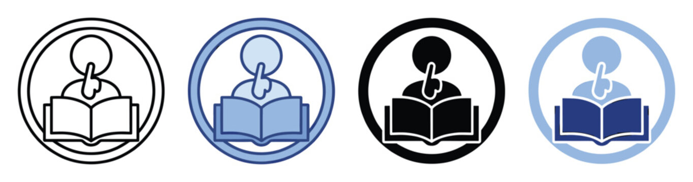 Set of reader icons with person reading book and shushing gesture for educational resources