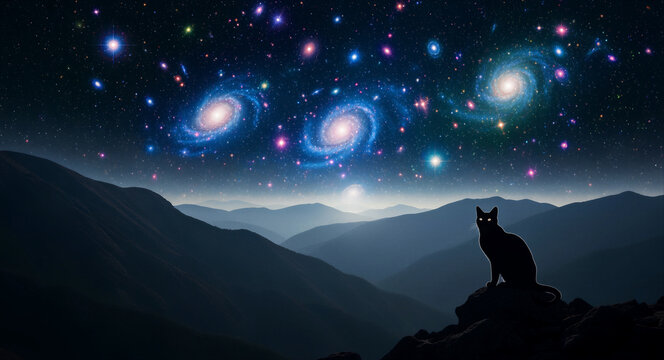 Silhouette of a black cat sitting on a peak under a starry galaxy sky. Feline watching cosmic spirals and colorful stars over mountain ranges. Surreal space art for fantasy and meditation themes.