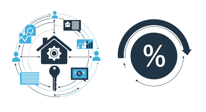 Real estate icons including house, key, and percentage sign illustrate mortgage rates, home ownership, and property management systems.