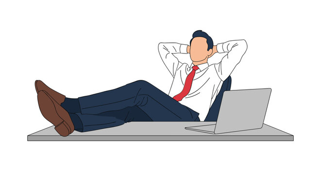 Professional businessman relaxes at his office desk with laptop and hands behind head, taking a break from stressful work.