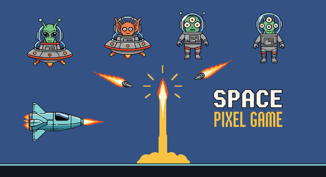 Retro pixel art game scene features alien monsters in flying saucers, a space rocket launch, and a speeding spaceship.