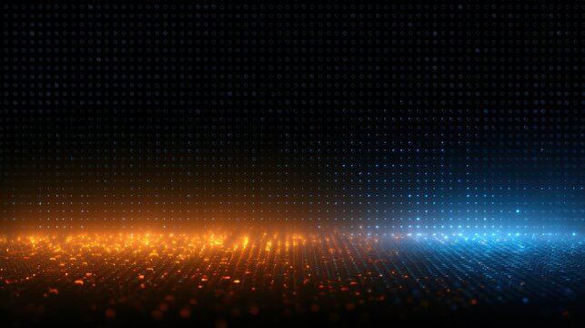 LED mosaic pixels displaying glowing orange and blue digital light patterns on dark background