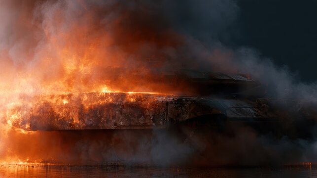 Burning military tank surrounded by fire and smoke, symbolic war destruction concept, cinematic atmosphere