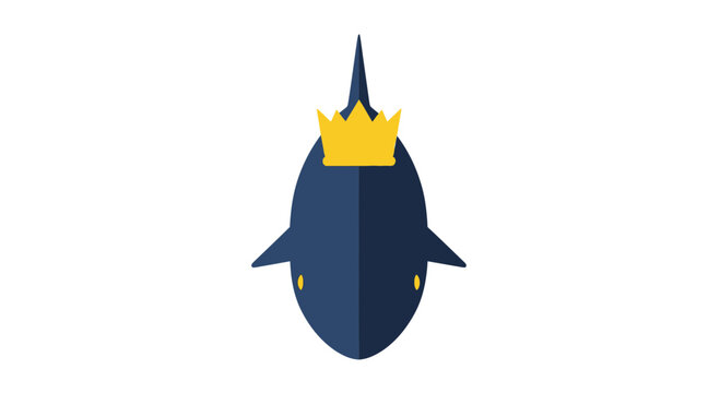Minimalist royal blue shark wearing a gold crown on white background