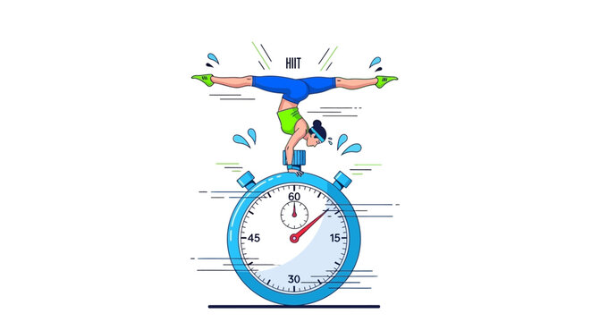 Woman balances on a stopwatch doing gymnastics white background