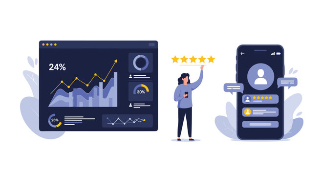 Marketing performance dashboard next to a user giving a five-star rating on a mobile app illustrates customer satisfaction.
