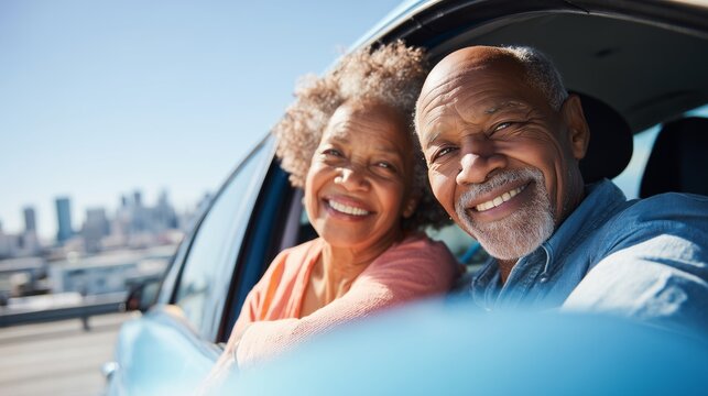 Happy senior african american couple enjoying a road trip together in a car