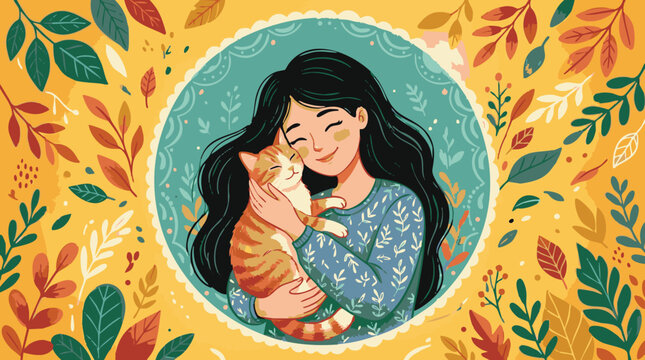 Woman cradling cat affectionately in autumn leaves