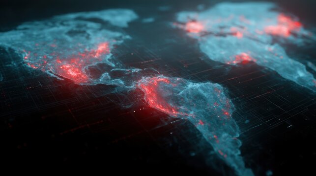 Cyberpunk glowing world map with red alert zones and futuristic data overlay