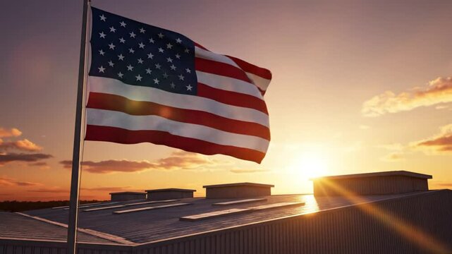 American flag waving on industrial building roof at sunset