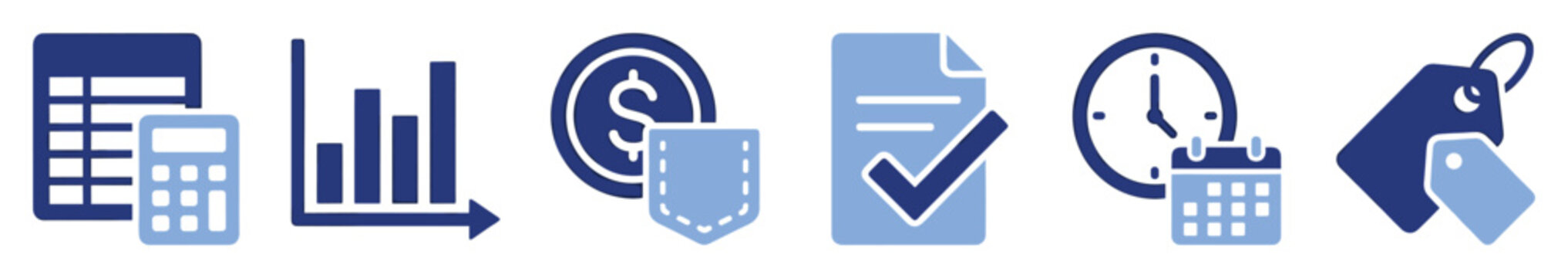 Set of business and financial icons for managing data, money, documents, time, and costs