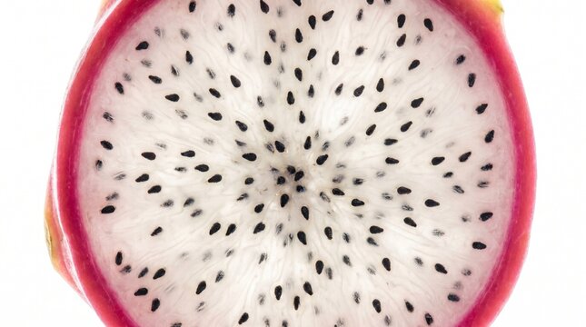 Macro cross section of fresh white dragon fruit Selenicereus undatus showing pink skin and black seeds pattern, detailed juicy pitaya slice isolated on clean white background, vibrant natural food