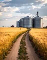 Obraz premium Dirt road leading to grain silos.