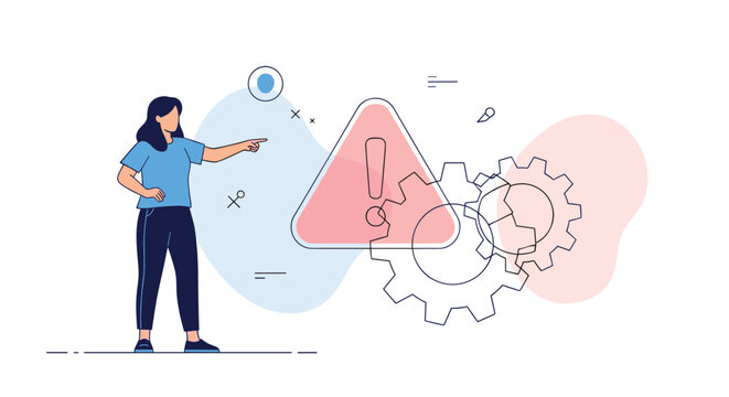 Woman pointing at a large warning sign with gears symbolizing a technical error, system failure, or machine problem in a factory.