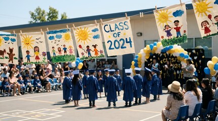 Obraz premium Graduation ceremony with students in blue gowns.