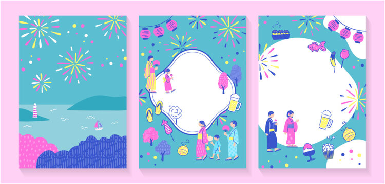 海辺の花火風景と祭りモチーフを組み合わせた夏祭り縦型ポスター3点セット
