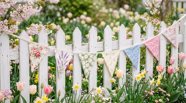 Colorful garden with white picket fence.