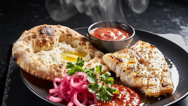Grilled white fish fillet served on a black plate with hot steaming naan bread, pickled red onions, fresh cilantro, and spicy red tomato sauce on a dark textured background.